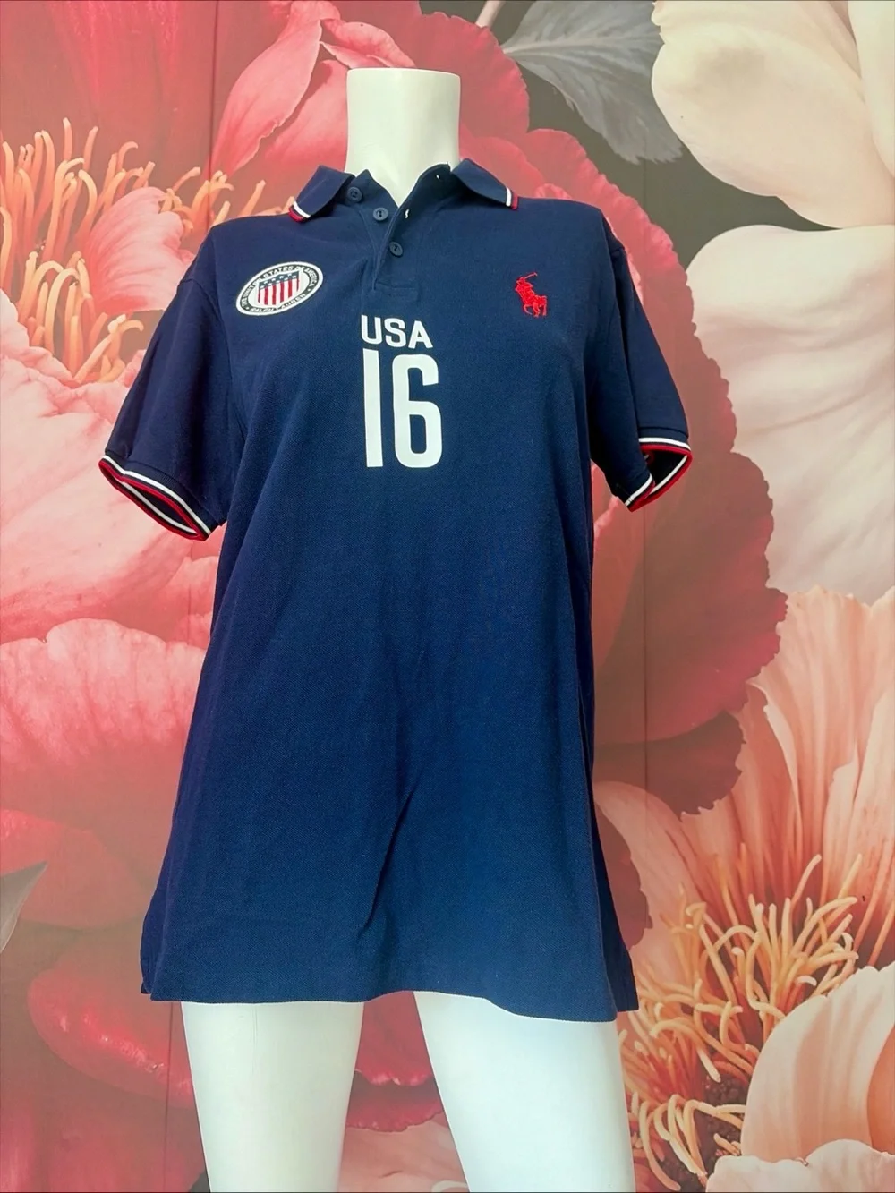 Polo Ralph Lauren USA 16 Big Pony Polo Shirt Navy Blue Men's M Custom Fit Flag